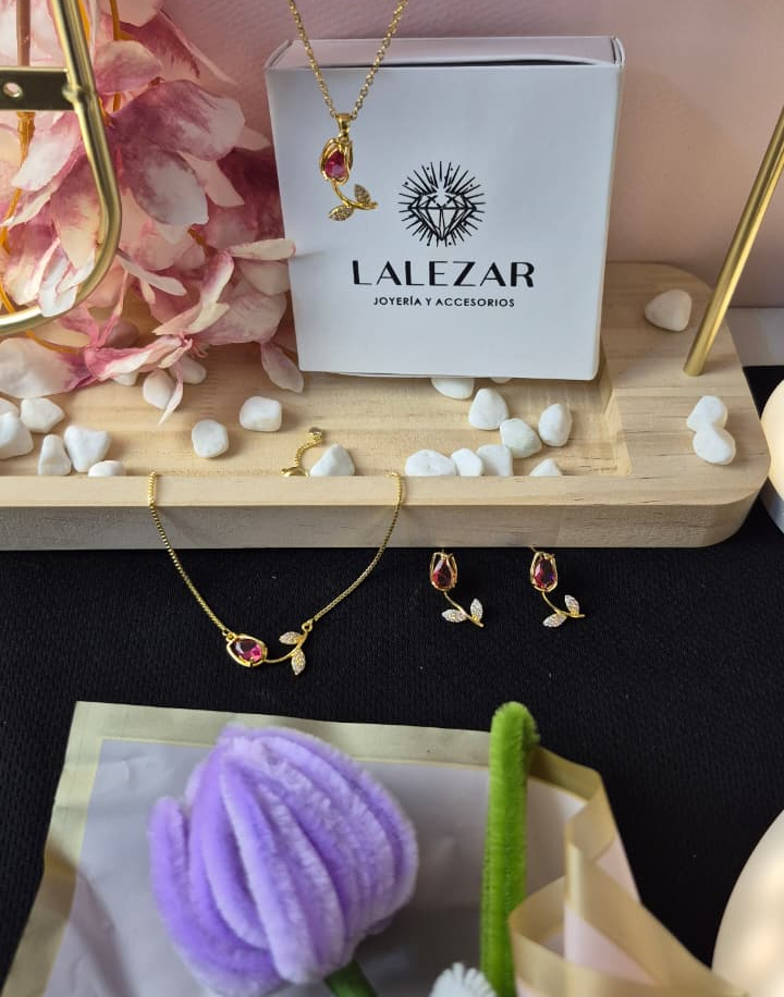 SET TULIPAN PLUS : COLLAR + PULSERA + ARETES + FLOR ETERNA + LIBRITO POEMA