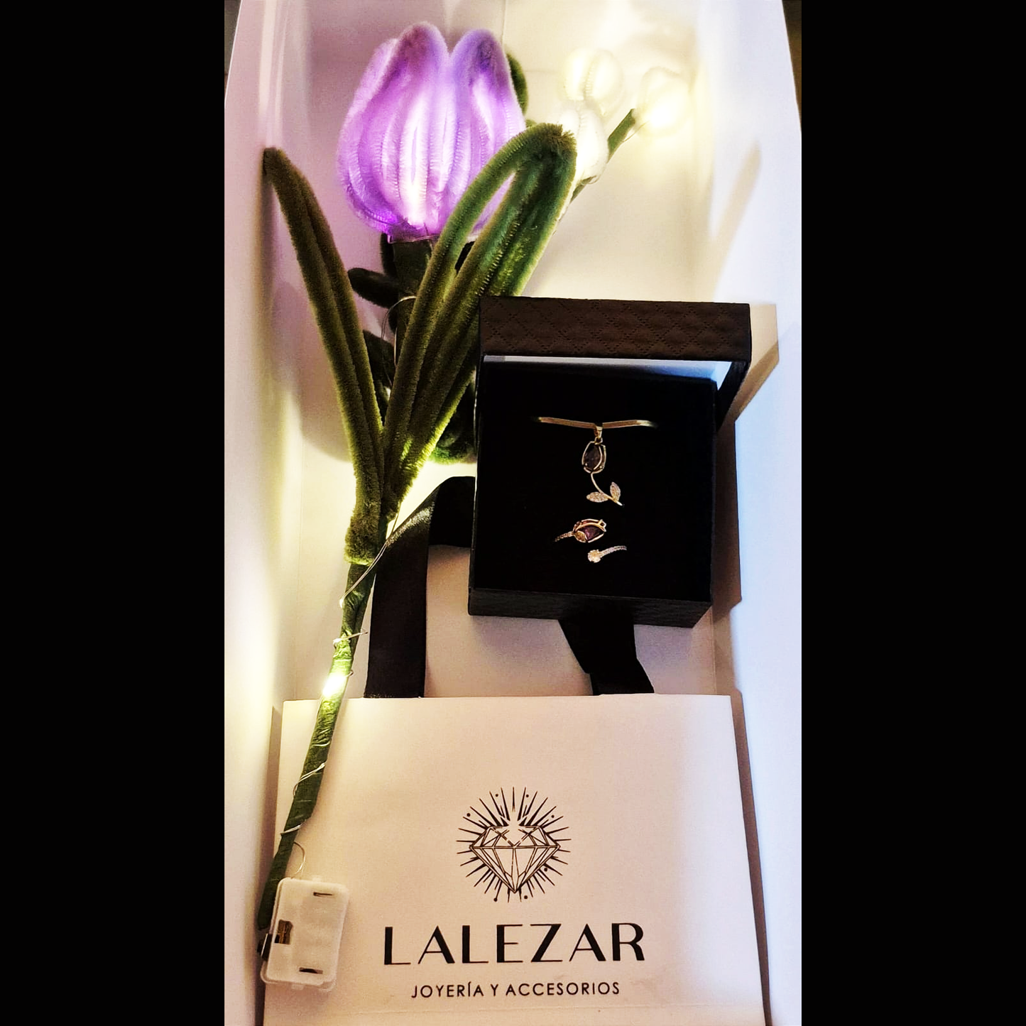 SET TULIPAN LALEZAR: COLLAR + ANILLO Y FLOR LED DE TULIPAN