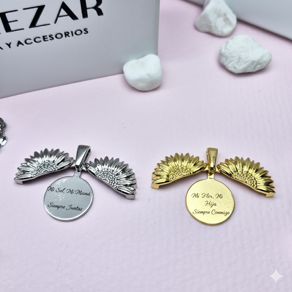 COLLAR GIRASOL DORADO PLATEADO GRABADO PERSONALIZADO