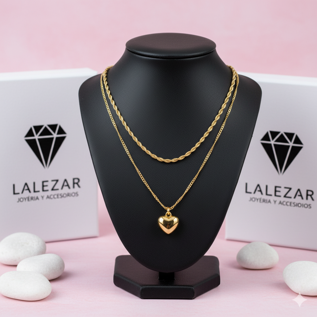 COLLAR CORAZON DORADO DOBLE CAIDA